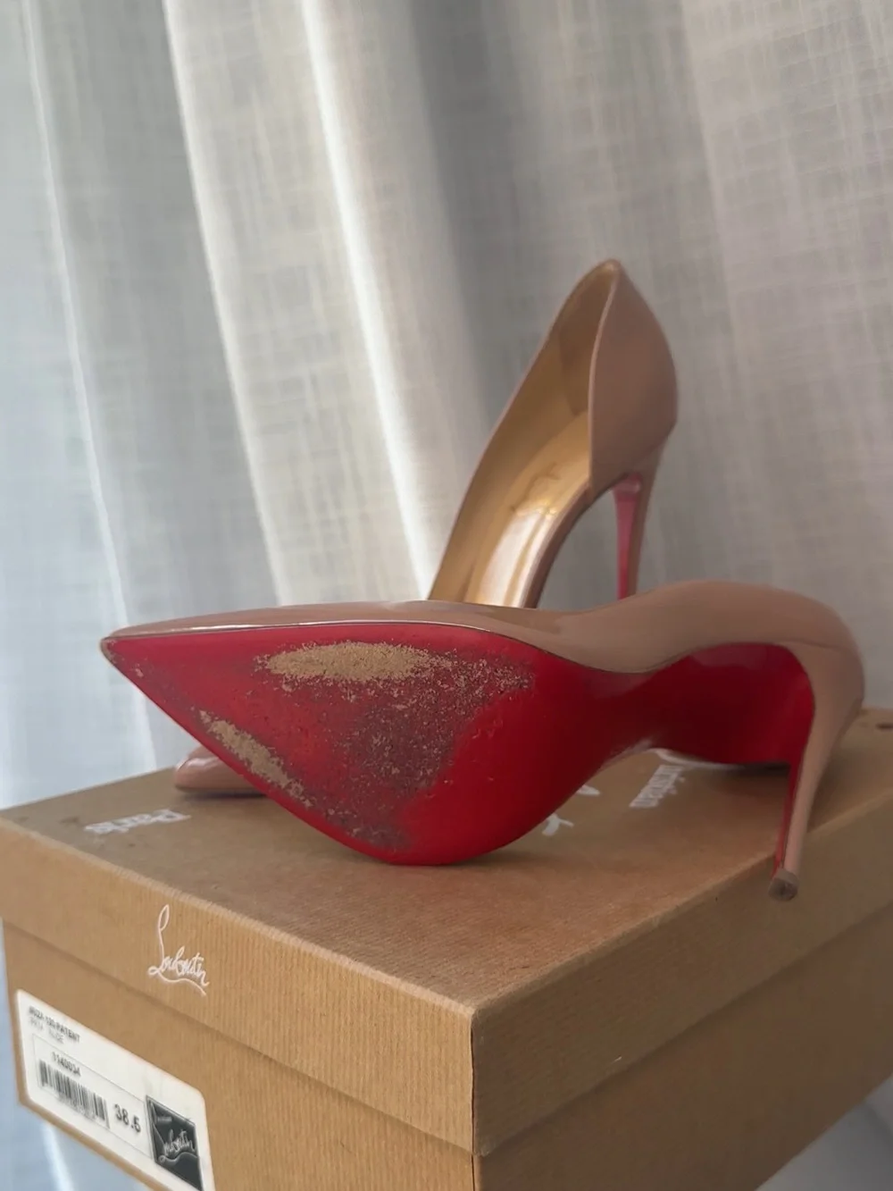 Christian Louboutin Nude Patent Pointed-Toe Pumps with Red Soles
